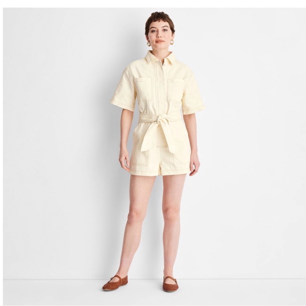 Future Collective Women's Short Sleeve Utility Romper - Cream XL: Collared, Pock